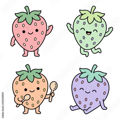 Colorful strawberry characters including green, yellow, and purple.