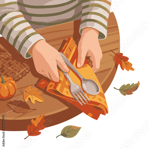 Bright Semi Realistic Vector Illustration Of Child Hands Arranging Holiday Napkins And Cutlery For Thanksgiving Dinner On White Background, Family Preparation Concept