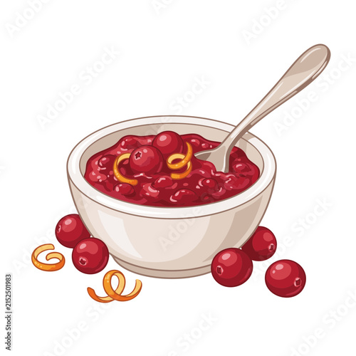 Bright Semi Realistic Vector Illustration Of Homemade Cranberry Sauce In Small Bowl With Fresh Berries Orange Zest And Spoon On White Background For Thanksgiving Condiment