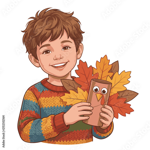 Bright Semi Realistic Vector Illustration Of Cheerful Boy Holding Handmade Thanksgiving Turkey Craft With Paper Leaves On White Background For Kids Holiday Creativity