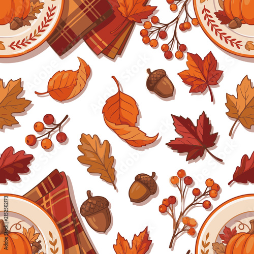 Bright Semi Realistic Vector Illustration Of Scattered Autumn Leaves Acorns And Berries With Thanksgiving Plates And Napkins On White Background For Seasonal Table Design