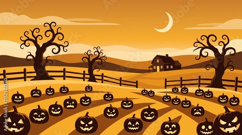 Crescent moon over haunted pumpkin patch field scenery