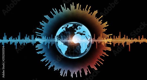 Earth globe surrounded by circular sound wave frequency visualizer on a solid black background