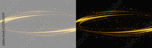 Abstract glowing golden light ring with sparkles isolated on grey and black background. Glowing gold swirl ring trail with glitter overlay. Luminous gold oval light wave frame set with particle dust