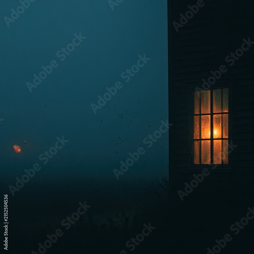 Moody, dark scene with a glowing window in a wooden structure