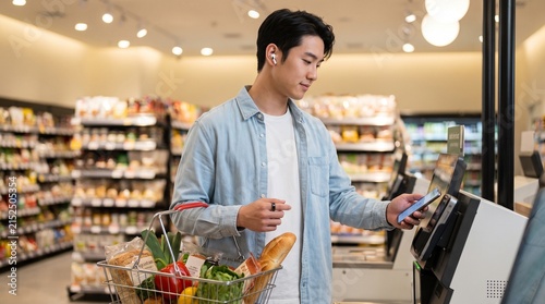 Young Asian man paying by smartphone at a supermarket self checkout with a basket of groceries