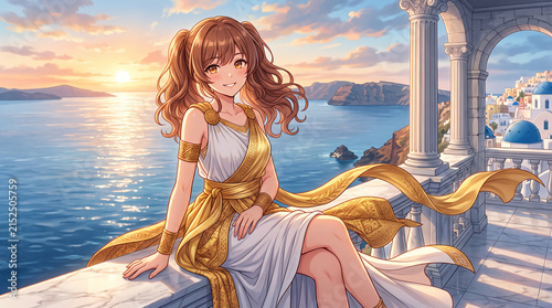 Anime style young woman in elegant white and gold Greek dress relaxing on a marble balcony overlooking a beautiful ocean sunset and classic Santorini architecture