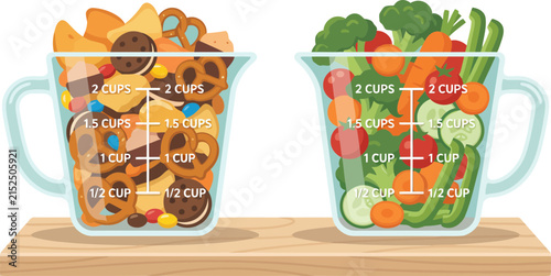 Foto A vibrant comparison illustration shows high-calorie, dense snacks versus low-calorie, fiber-rich vegetables