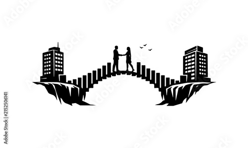 Corporate bridge built entirely from financial bar charts connecting two companies.