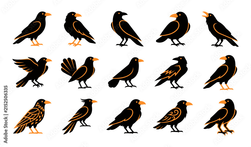 Obraz premium A collection of fifteen stylized crow and raven illustrations featuring black and orange color schemes isolated on a clean white background design