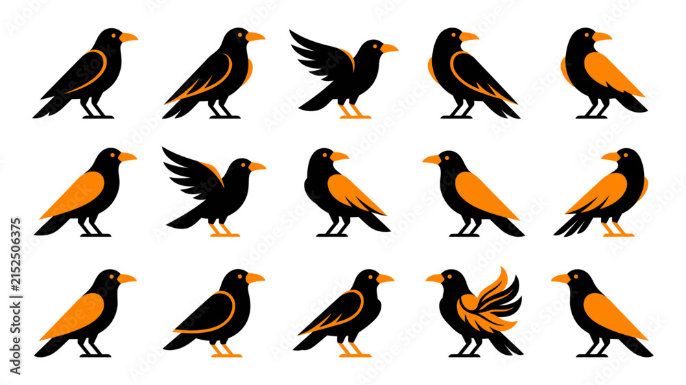 Obraz premium A collection of fifteen stylized crow or raven icons featuring black and orange color schemes in various poses for graphic design projects