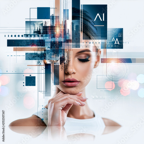 Futuristic Artificial Intelligence Concept with Woman Face and Digital City