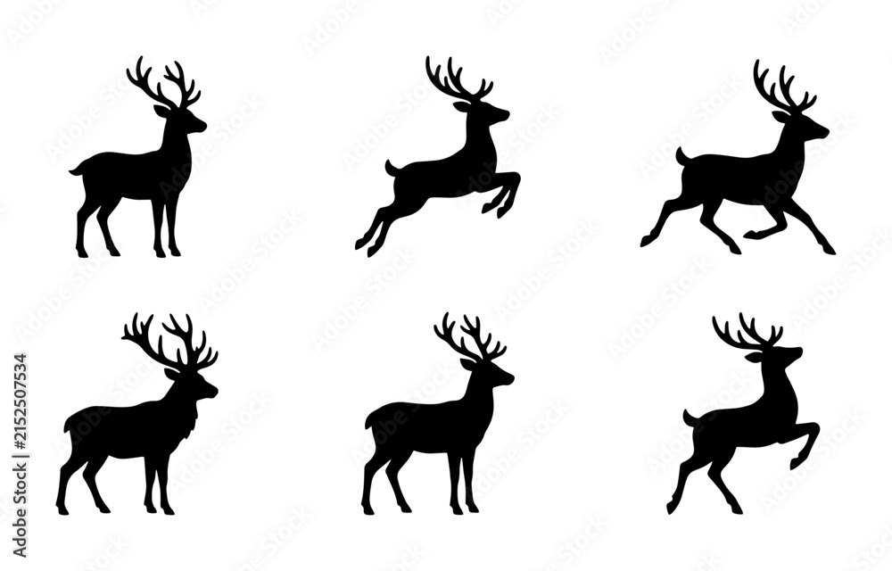 Fototapeta premium 70 Deer Silhouette Collection, Majestic Stag Vector Icons, Wildlife Animal Poses, Forest Creature Graphics, Black and White Woodland Mammal Set 100