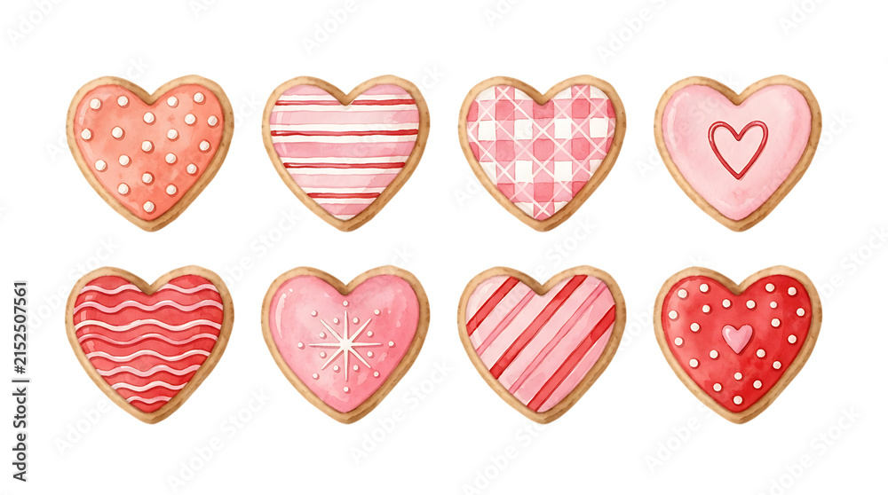 Obraz premium Collection of eight heart-shaped cookies with various pink and red icing patterns, watercolor on a white background, for holidays isolated on a transparent background