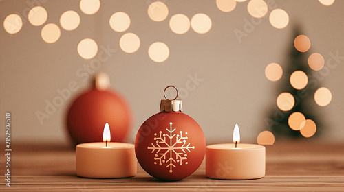 Festive Christmas Bauble with Lit Candles on Warm Wooden Surface