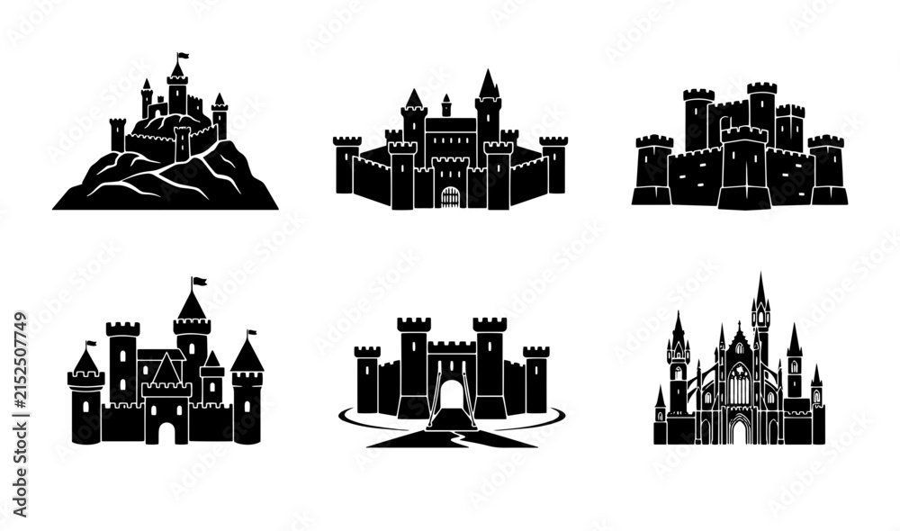 Naklejka premium 70 Medieval Castle Silhouettes Collection, Royal Fortress Icons, Fantasy Kingdom Structures, Historic Architecture Vector Set 100