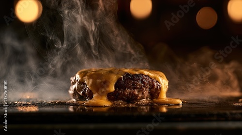 Steaming cheeseburger patty melts on hot grill, emitting savory aroma