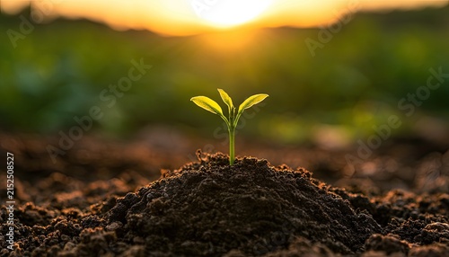 Tiny seedling emerging from fertile soil at sunrise, symbolizing new beginnings