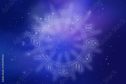 Astrological wheel with horoscope symbols against night sky with stars. Illustration