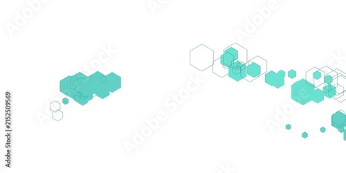 Abstract background with floating turquoise hexagonal shapes and geometric patterns.