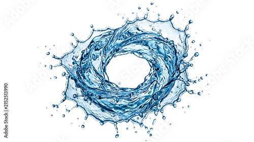 A dynamic splash of clear water forming a swirling vortex or ring shape, captured with detail and droplets flying outward on a white background isolated on a transparent background
