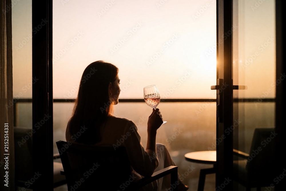 Fototapeta premium Woman with rose wine glass sits on balcony at sunset. She enjoys scenic view and golden hour light. Peaceful vacation moment in hotel apartment.