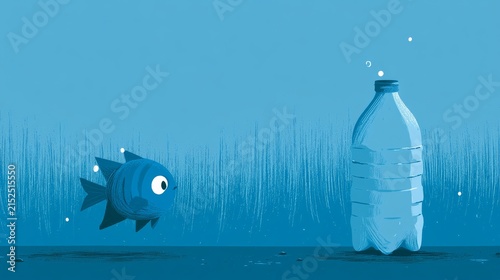 Fish swims near a plastic bottle in a blue underwater scene showing the impact of pollution