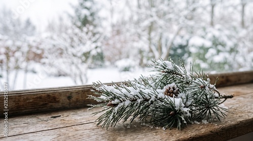 Closeup of snowcovered pine branch resting on wooden surface during winter