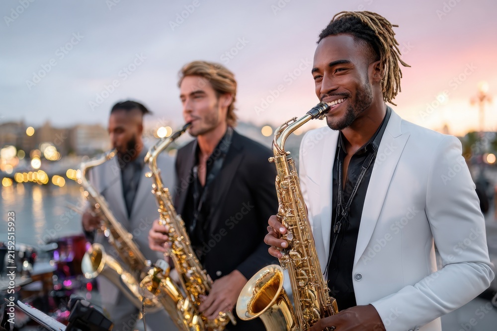Fototapeta premium Saxophonists Playing at Sunset by the Water
