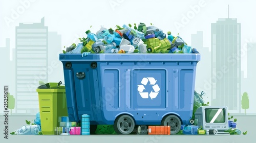City scene with a recycling bin full of waste in an urban area with buildings
