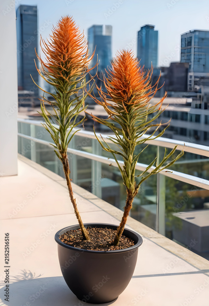 Fototapeta premium Two potted orange protea plants on a modern urban balcony with City skyscrapers in the background, City skyscrapers are visible in the background