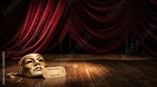 Theatrical Mask and Ticket on a Wooden Stage with Red Curtains.