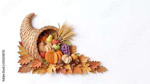 Wicker cornucopia filled with paper craft autumn harvest fruits and vegetables. Seasonal decoration for Thanksgiving holiday. Festive table centerpiece with colorful leaves and wheat.