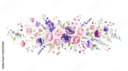 Horizontal floral arrangement with watercolor pink peonies, purple anemones, lavender, and green foliage isolated on a white background, for card isolated on a transparent background