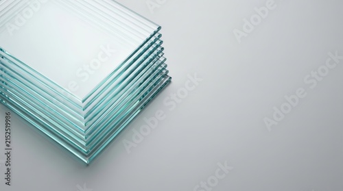 Stack of clean glass sheets on a grey background viewed from above.
