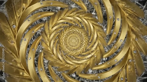 A golden spiral pattern surrounded by intricate geometric structures on a dark background