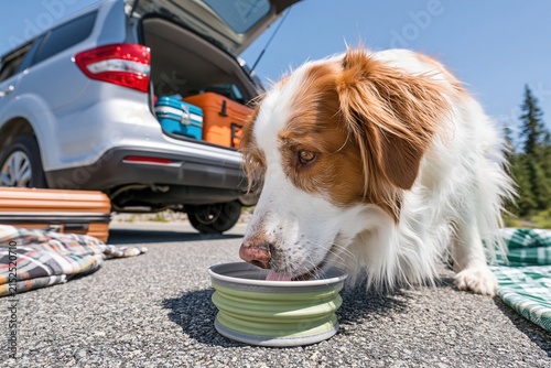 Brown and white dog drinking from collapsible bowl near open car and luggage, ideal for pet hydration, road trip breaks, dog travel, summer safety and animal wellness.