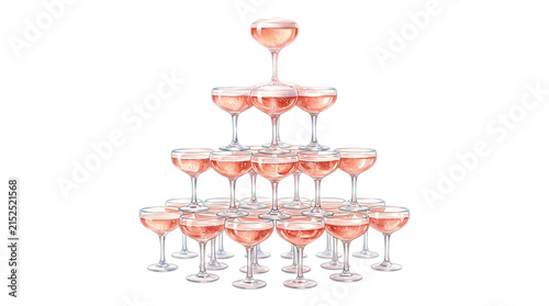 A large pyramid of pink champagne coupes filled with sparkling rose wine arranged in a tiered tower on a transparent background isolated on a transparent background