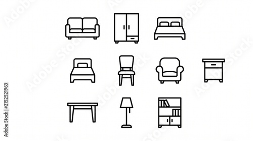 Minimalist furniture icons in clean black line style, arranged in a grid to represent household essentials with clarity and modern simplicity…
