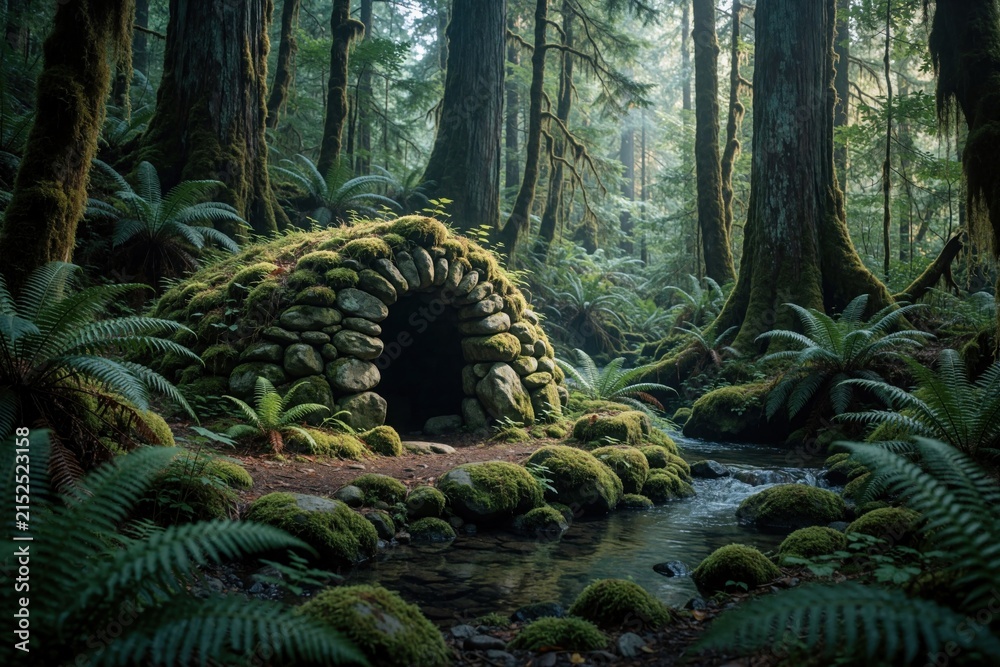 Obraz premium Moss covered stone archway sits beside a forest stream. Ferns and large trees surround a secluded woodland structure. Water flows over rocks near an old forest path.