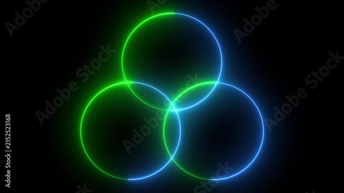 Neon green and blue intersecting circles abstract background three glowing