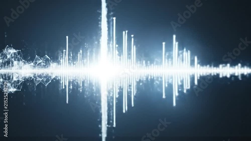 A digital visualization of sound waves glowing against a dark background
