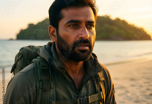 Bearded indian man with backpack on a tropical beach at sunset, adventure and travel concept, exploration and journey
