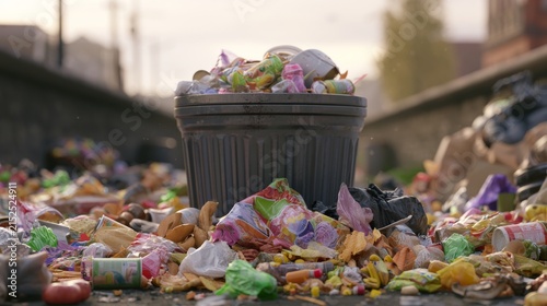 Trash fills the street with overflowing waste bins on a sunny day in an urban area