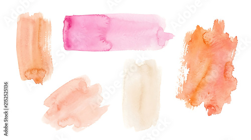 Set of five distinct watercolor brush strokes in shades of orange, peach, and pink with textured edges on a white background isolated on a transparent background
