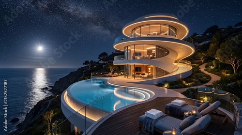 Modern luxury villa with infinity pool overlooking ocean at night. Futuristic architectural mansion on cliffside under starry sky. High-end vacation real estate and travel resort.