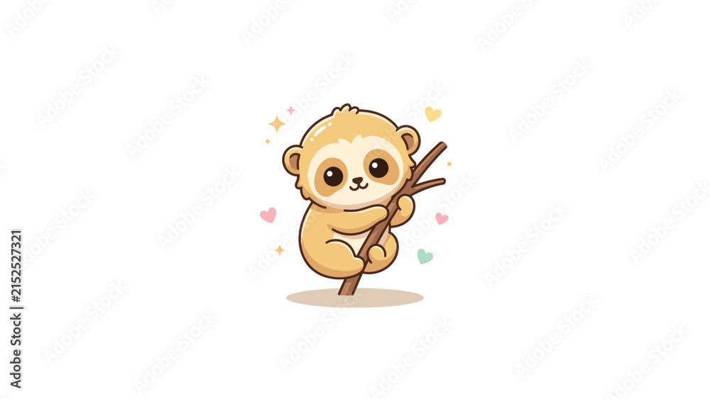 Fototapeta premium Adorable cartoon sloth hanging on a branch.