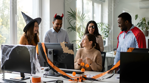 Happy multicultural team celebrating Halloween party in modern office wearing creative costumes and having fun together
