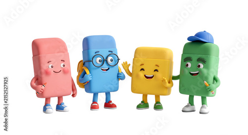 Four happy anthropomorphic eraser characters standing together with character