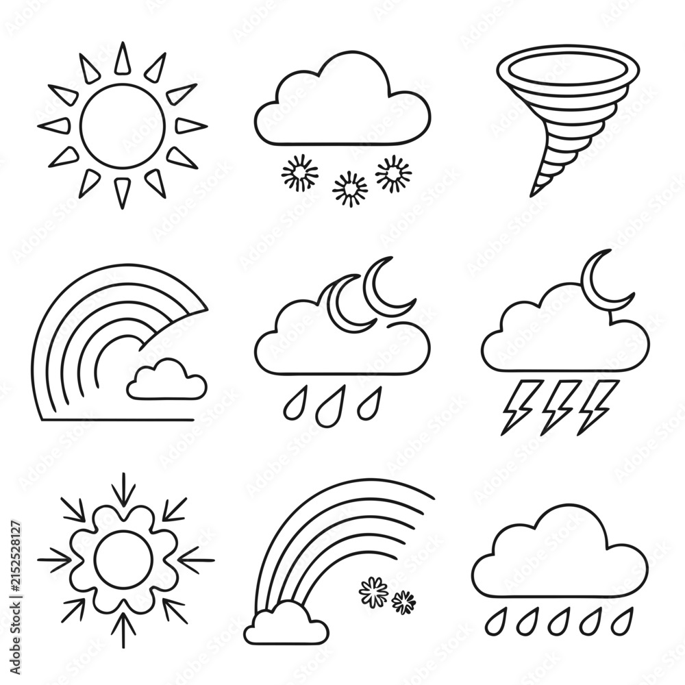Obraz premium Weather icon set featuring sun clouds rain and storm symbols
